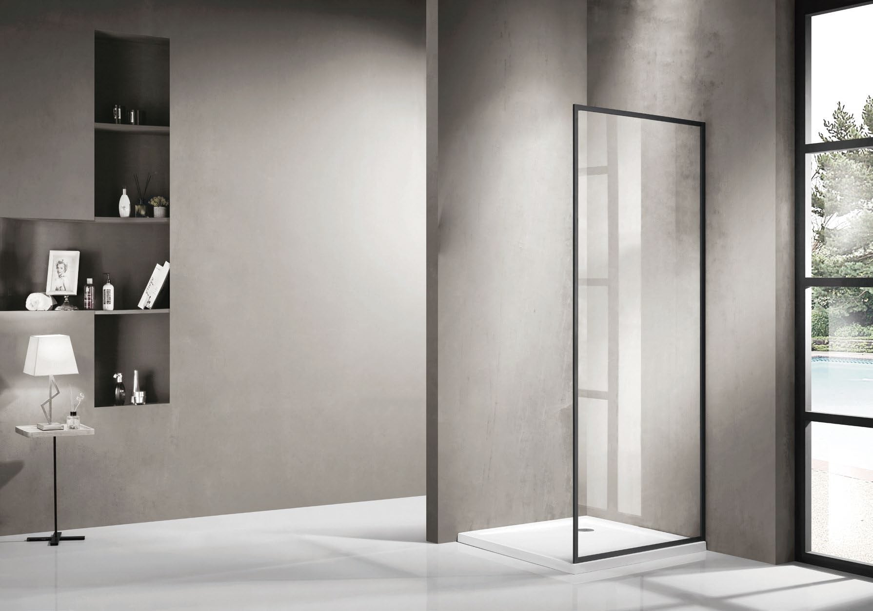 Black Framed Clear Glass Shower Screen Panel - Image 1