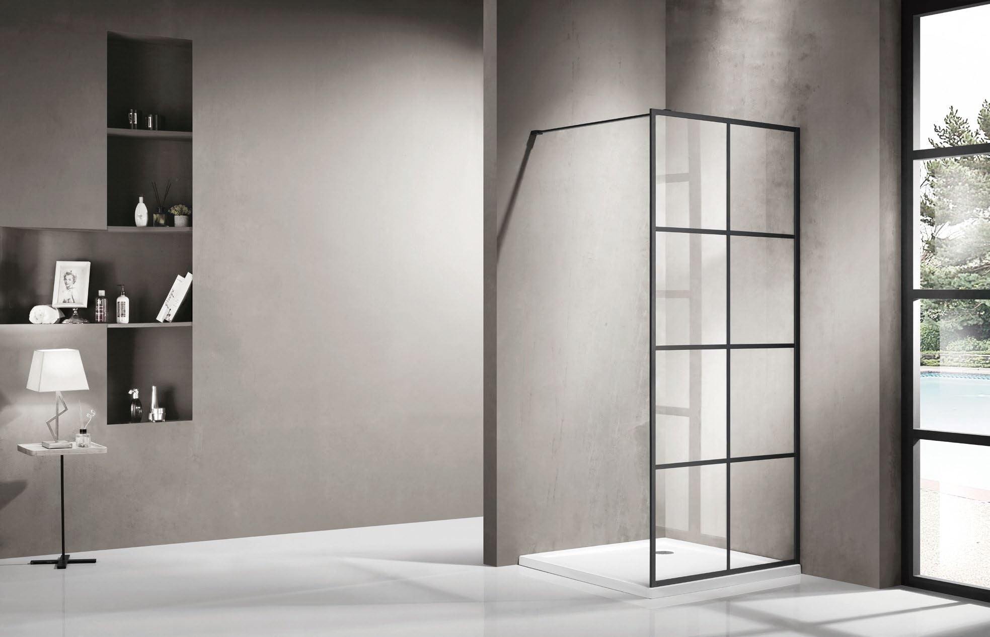 Black Framed Shower Screen Panel with Grills - Image 1