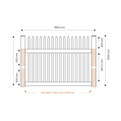 BAYSWATER PVC 1800mm W x 1200mm H GATE, 7 Year Warranty, Picket Gate