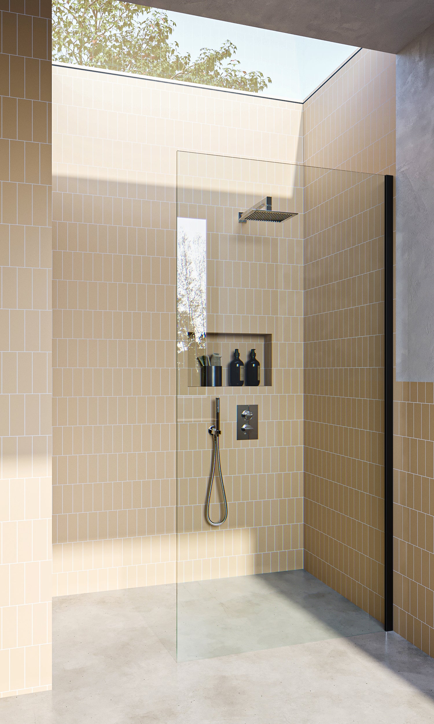 Matt Black Fixed Frameless Shower Screen Panel with extended Dry Glaze U Channels - Image 1