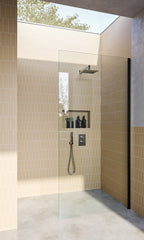 Matt Black Fixed Frameless Shower Screen Panel with extended Dry Glaze U Channels - Image 1