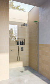 Satin Chrome Frameless Wall to Wall Shower Screen, with extended Dry Glaze U Channels, Door and Hinge Panel