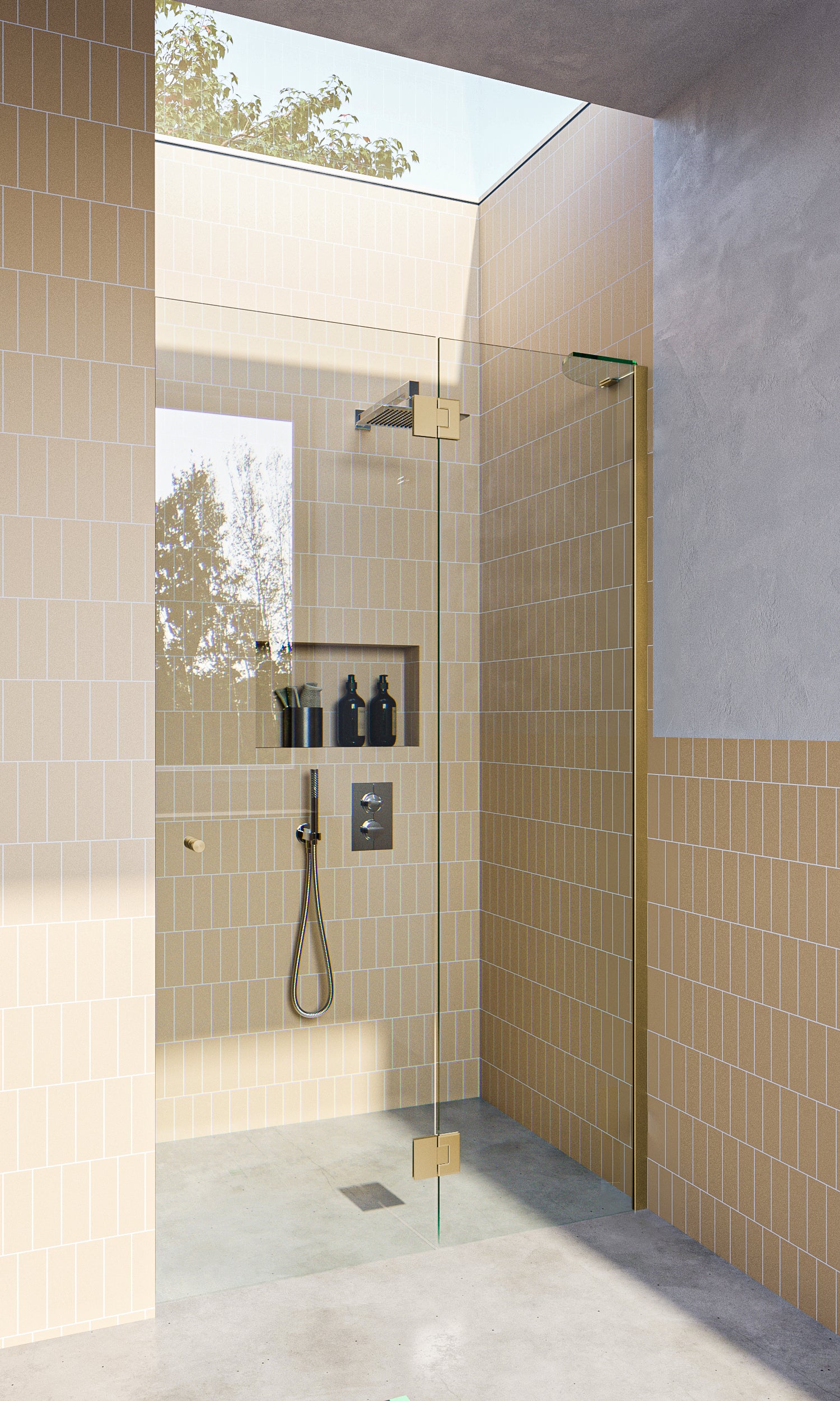 Brushed Brass / Satin Gold Frameless Wall to Wall Shower Screen with Extended Dry Glaze U Channels, Door and Hinge Panel - Image 1