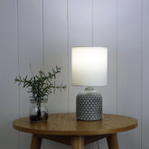 Vera Grey Ceramic Table Lamp styled in a room