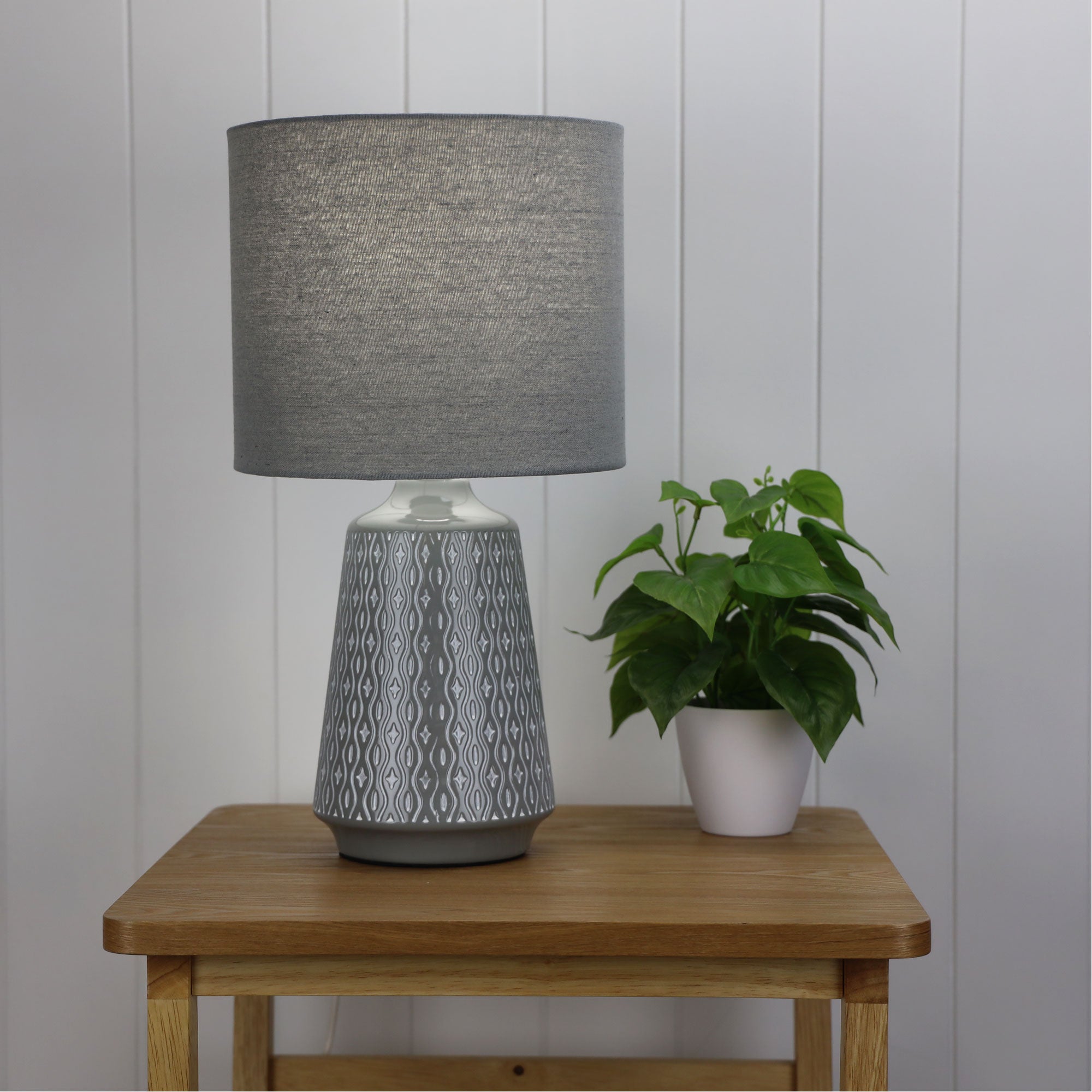 Moana Ceramic Table Lamp with Shade Grey styled in a room