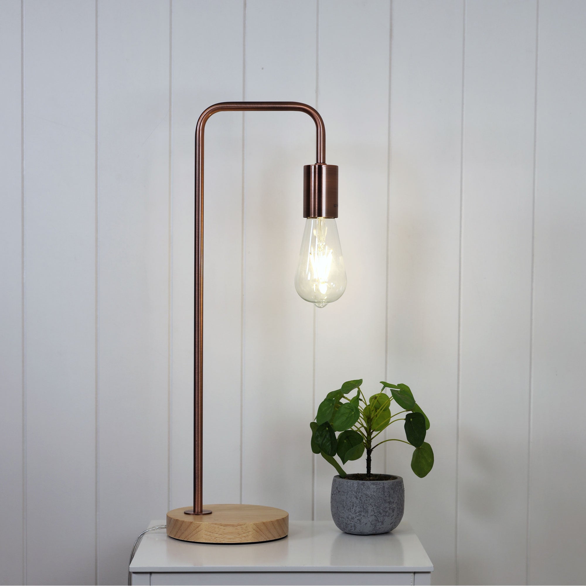 Lane Copper Scandi Table Lamp Copper with Timber styled in a room