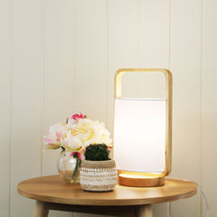 Lucia Natural Timber and White Cotton Lamp styled in a room