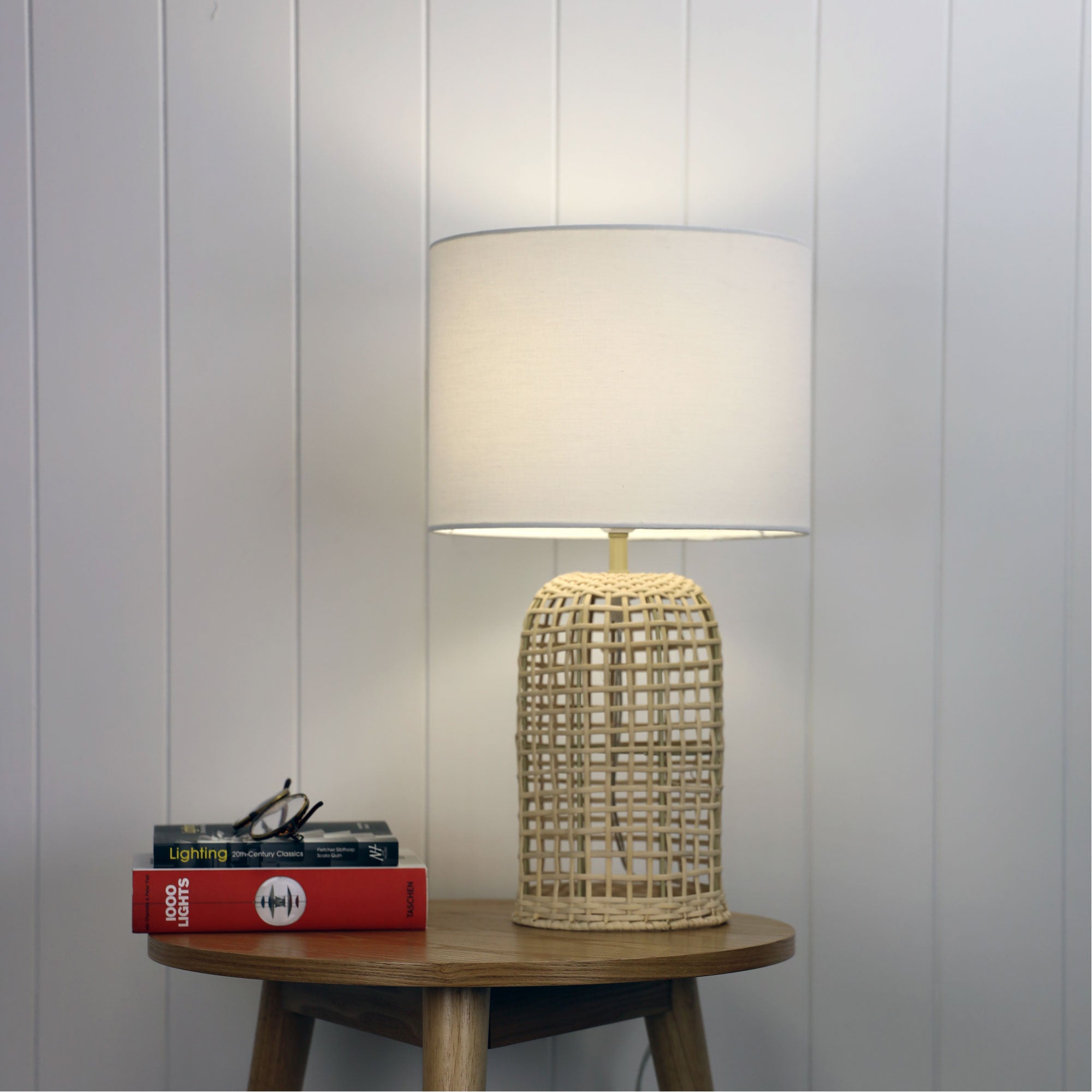 Brizo Rattan Lamp Base with Shade styled in a room
