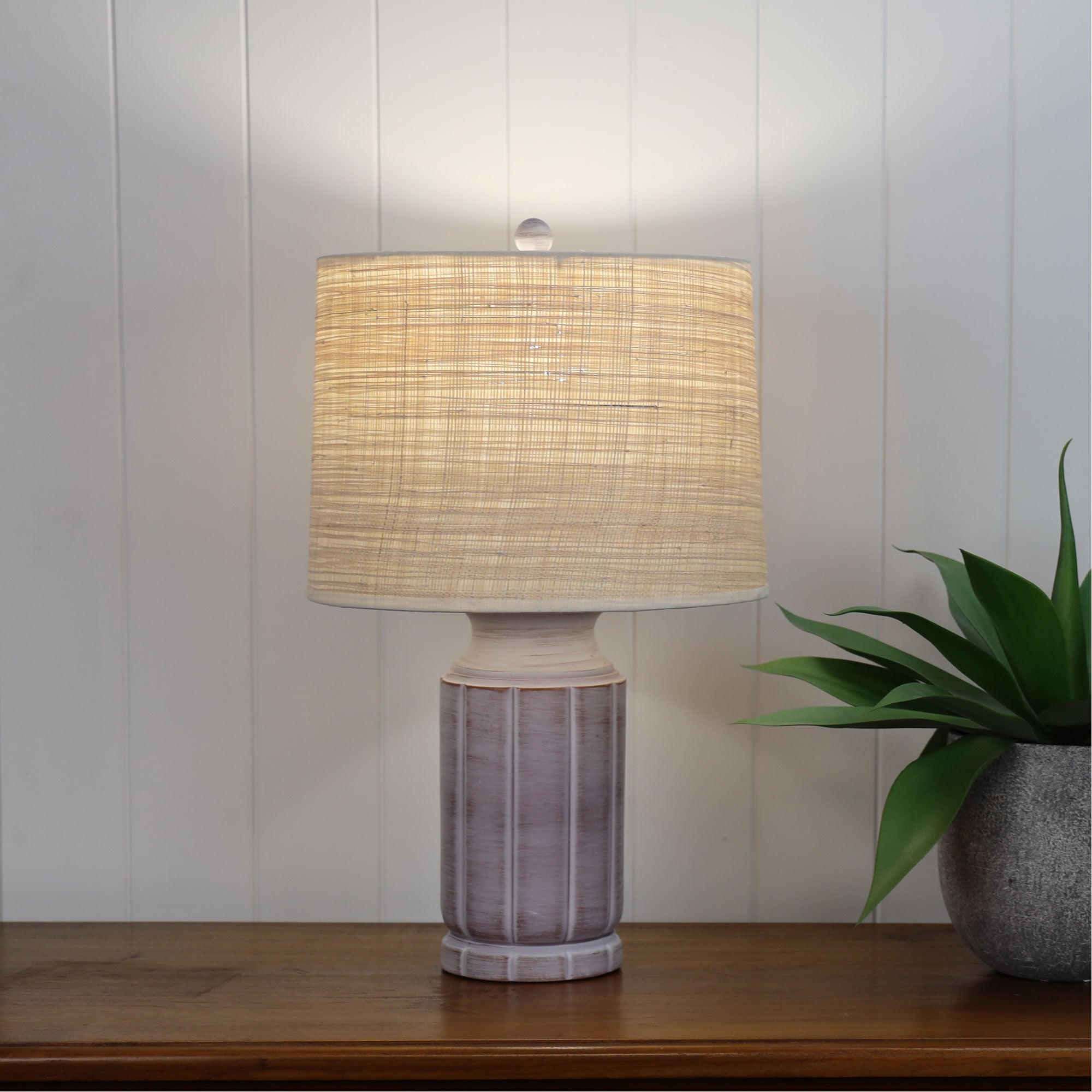 Stote Textured Lamp with Harp Shade styled in a room