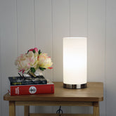 Pablo Round ON-OFF Touch Lamp Opal Matt Glass styled in a room