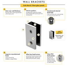 Brushed Nickel Fixed Frameless Shower Screen Panel with Wall Brackets