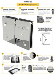 Satin Chrome Frameless Wall to Wall Shower Screen with brackets Door and Hinge Panel