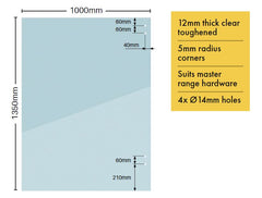 12mm pool fence hinge panel, 1350 x 1000mm Hinge panel to suit Master Range hardware and channel glazing