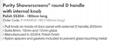 "D" shower door handle stainless steel, d handle 180mm long, shower handle