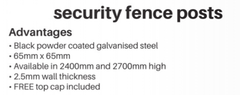 65 X 65mm Black Powder Coated Galvanised Steel, WITH TOP CAP, 2.5mm Gauge