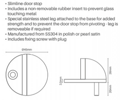 Shower screen door stop, stainless steel 304, with fixings screw and raw plug