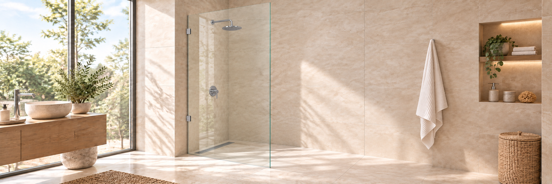 Full-height fixed frameless shower panel with two small chrome wall brackets in a walk-in shower