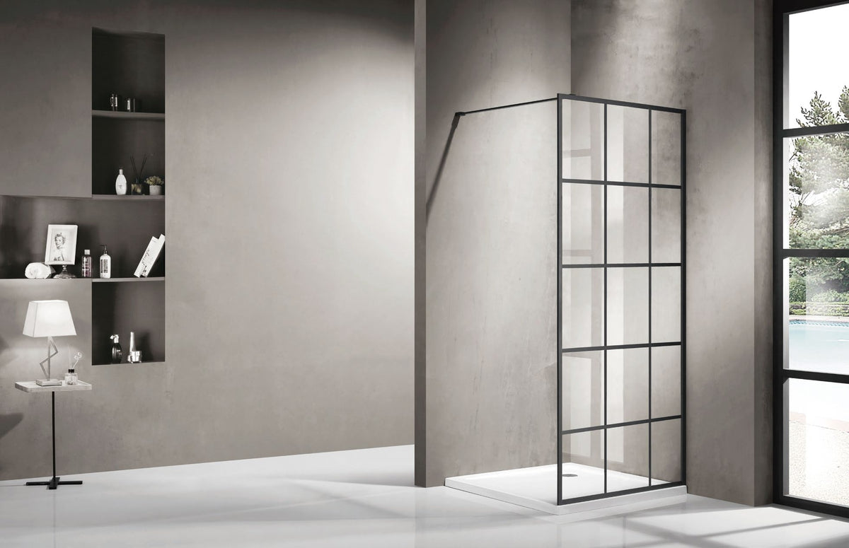 Black Framed Shower Screen Fixed Panel with grills. 2000mm high x 1200mm wide