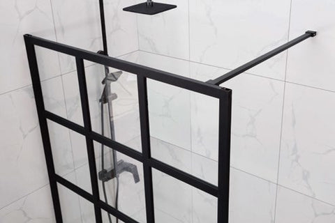 Black Framed Shower Screen Fixed Panel with grills. 2000mm high x 1200mm wide