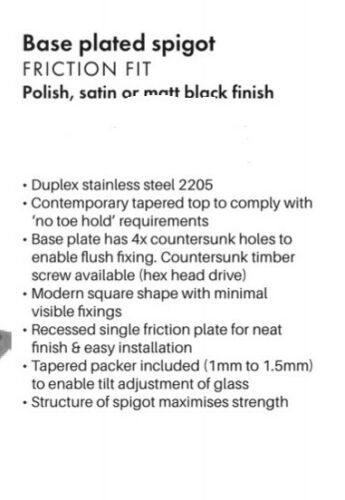 SS2205 Glass Spigot – Matt Black – Base Plated – 10–12mm Glass – Pool Fencing