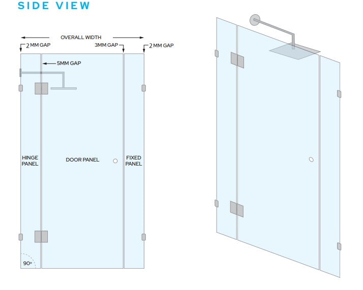 Frameless Glass 3 Panel Inline Wall to Wall Shower Screen - 2000mm high, 10mm Toughened Glass - Satin Chrome