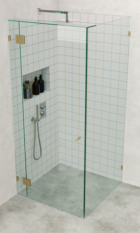 Brushed Brass / Satin Gold Frameless Corner Shower Screen with wall brackets