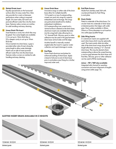 Drainlab - Linear Drain Slotted Grate - 3600mmL x 35mmH - Satin Silver