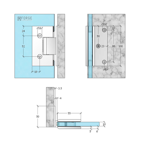 FORGE SHOWER HINGE - HEAVY DUTY - GLASS TO WALL - L-SHAPE - 90 DEGREE - BRUSHED GUNMETAL