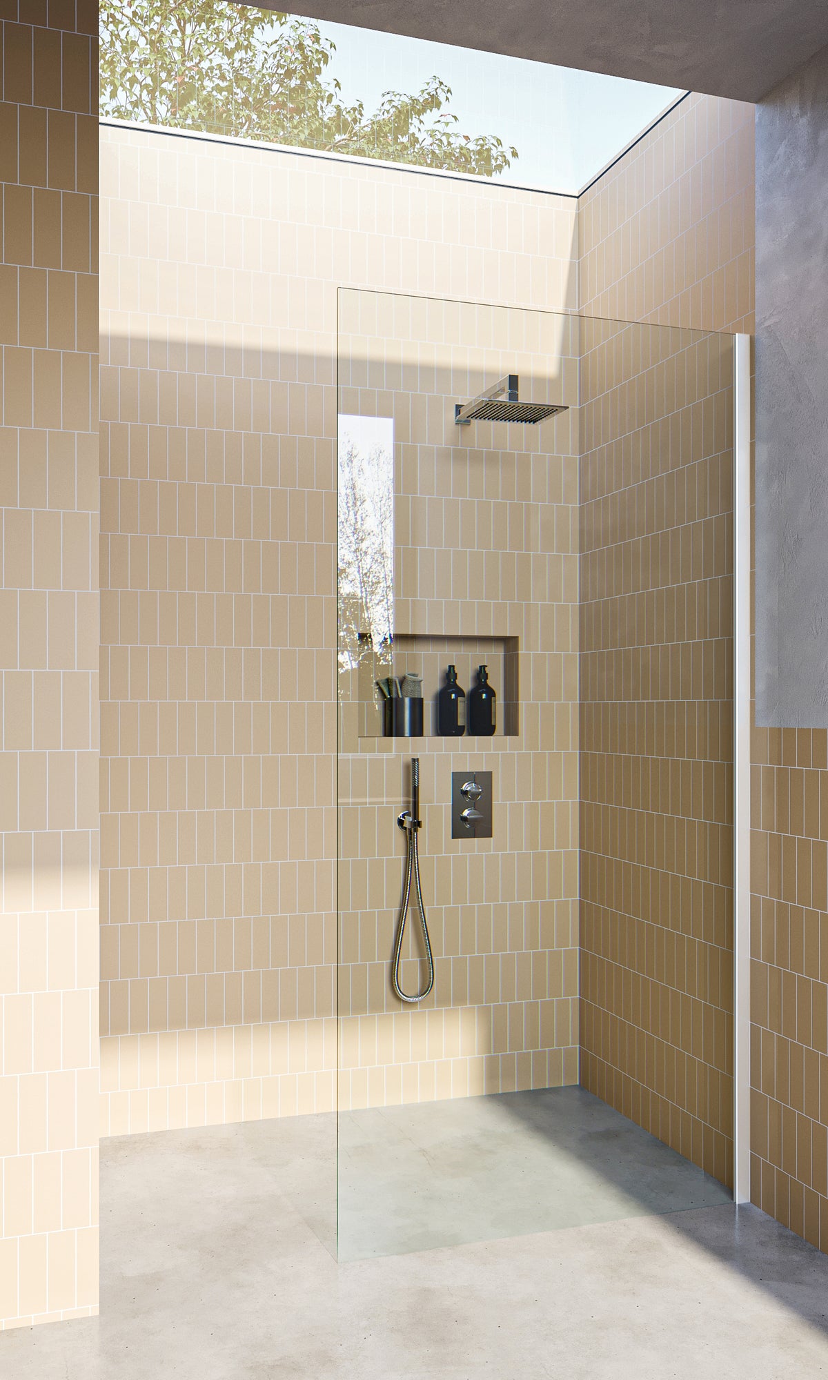 Matt White Fixed Frameless Shower Screen Panel with extended Dry Glaze U Channels