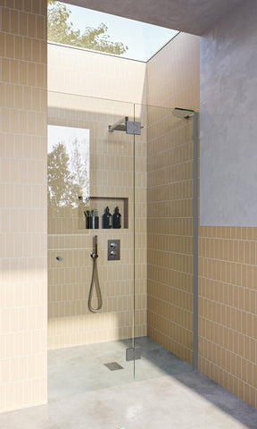 Satin Chrome Frameless Wall to Wall Shower Screen with extended Dry Glaze U Channels, Door and Hinge Panel