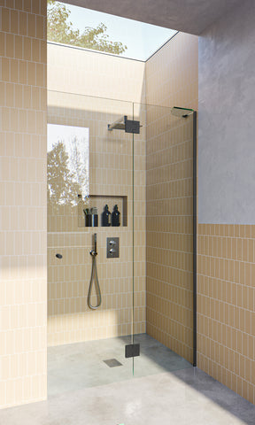 Gun Metal Grey Frameless Wall to Wall Shower Screen with Dry Glaze U Channels, Door and Hinge Panel