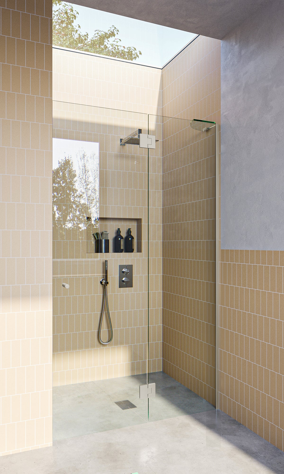 Brushed Nickel Frameless Wall to Wall Shower Screen with Dry Glaze U Channels, Door and Hinge Panel