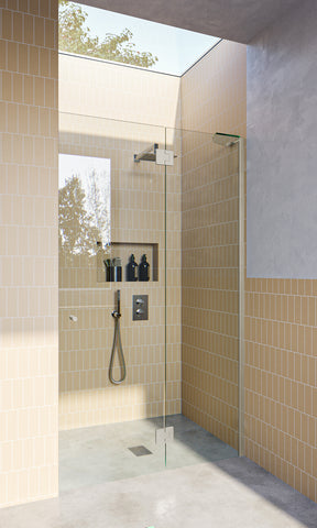 Brushed Nickel Frameless Wall to Wall Shower Screen with extended Dry Glaze U Channels, Door and Hinge Panel