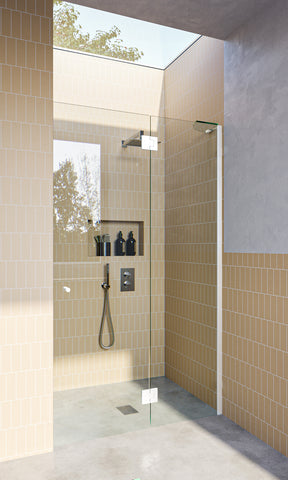 Matt White Frameless Wall to Wall Shower Screen with extended Dry Glaze U Channels, Door and Hinge Panel