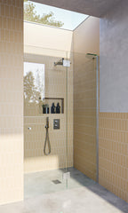 Chrome Frameless Wall to Wall Shower Screen with extended Dry Glaze U Channels, Door and Hinge Panel