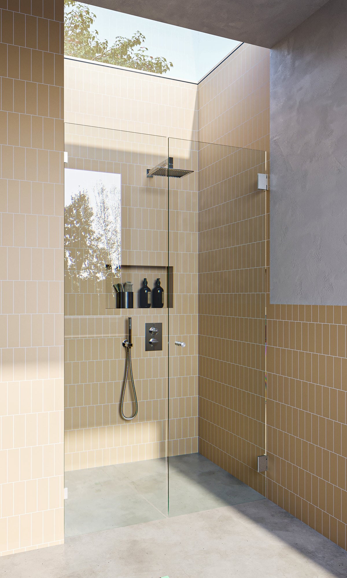 Chrome Frameless Wall to Wall Shower Screen with wall brackets