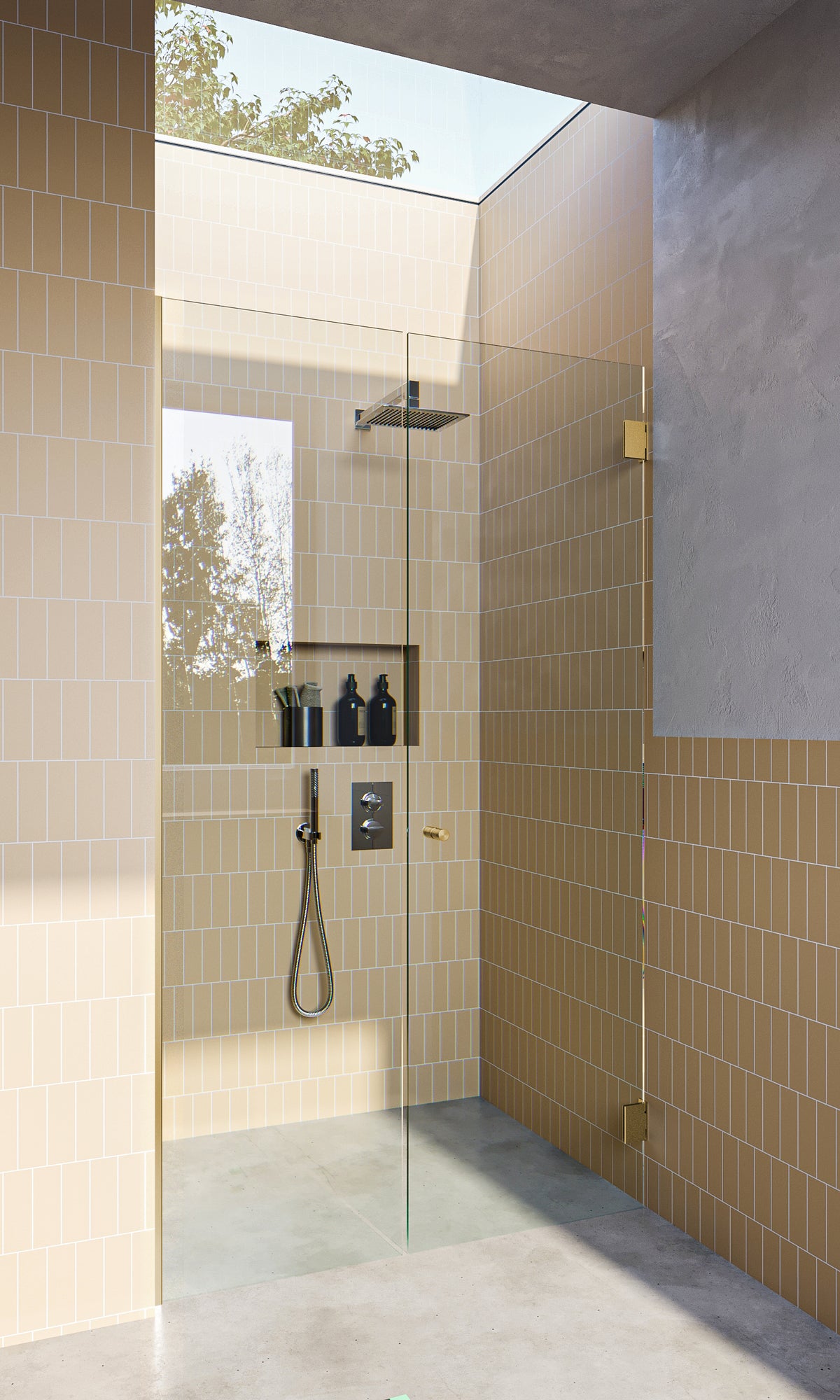 Brushed Brass / Satin Gold Frameless Wall to Wall Shower Screen with Dry Glaze U Channels