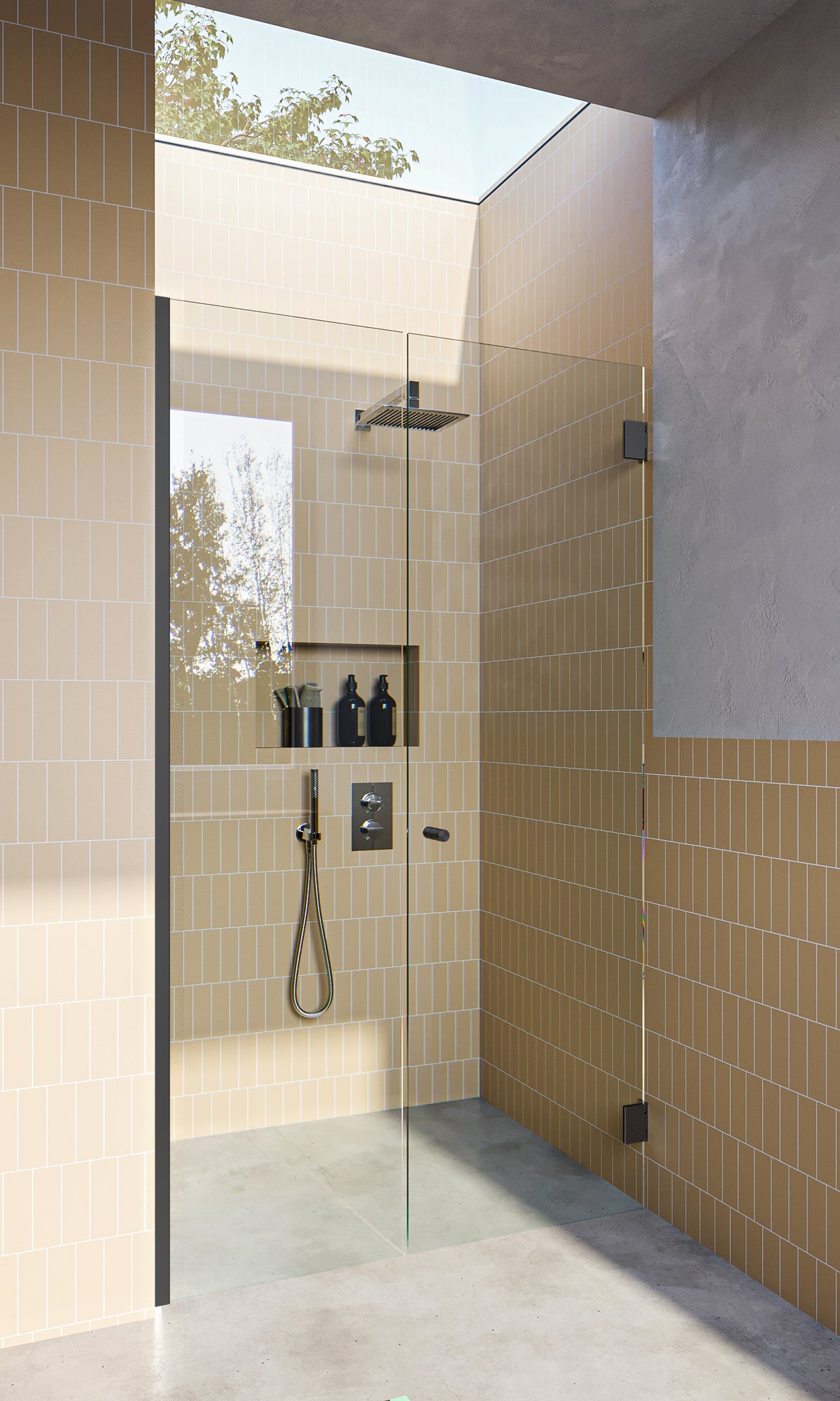 Gun Metal Grey Frameless Wall to Wall Shower Screen with extended Dry Glaze U Channels