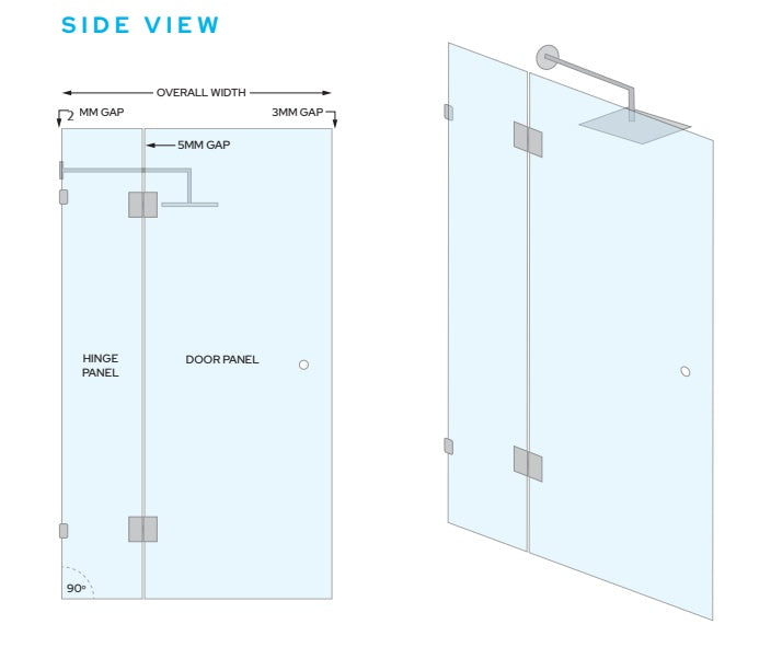Frameless Glass Wall to Wall Shower Screen Door and Hinge Panel - 2000mm high, 10mm Toughened Glass - Chrome