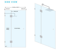 Frameless Glass Wall to Wall Shower Screen Door and Hinge Panel - 2000mm high, 10mm Toughened Glass - Chrome