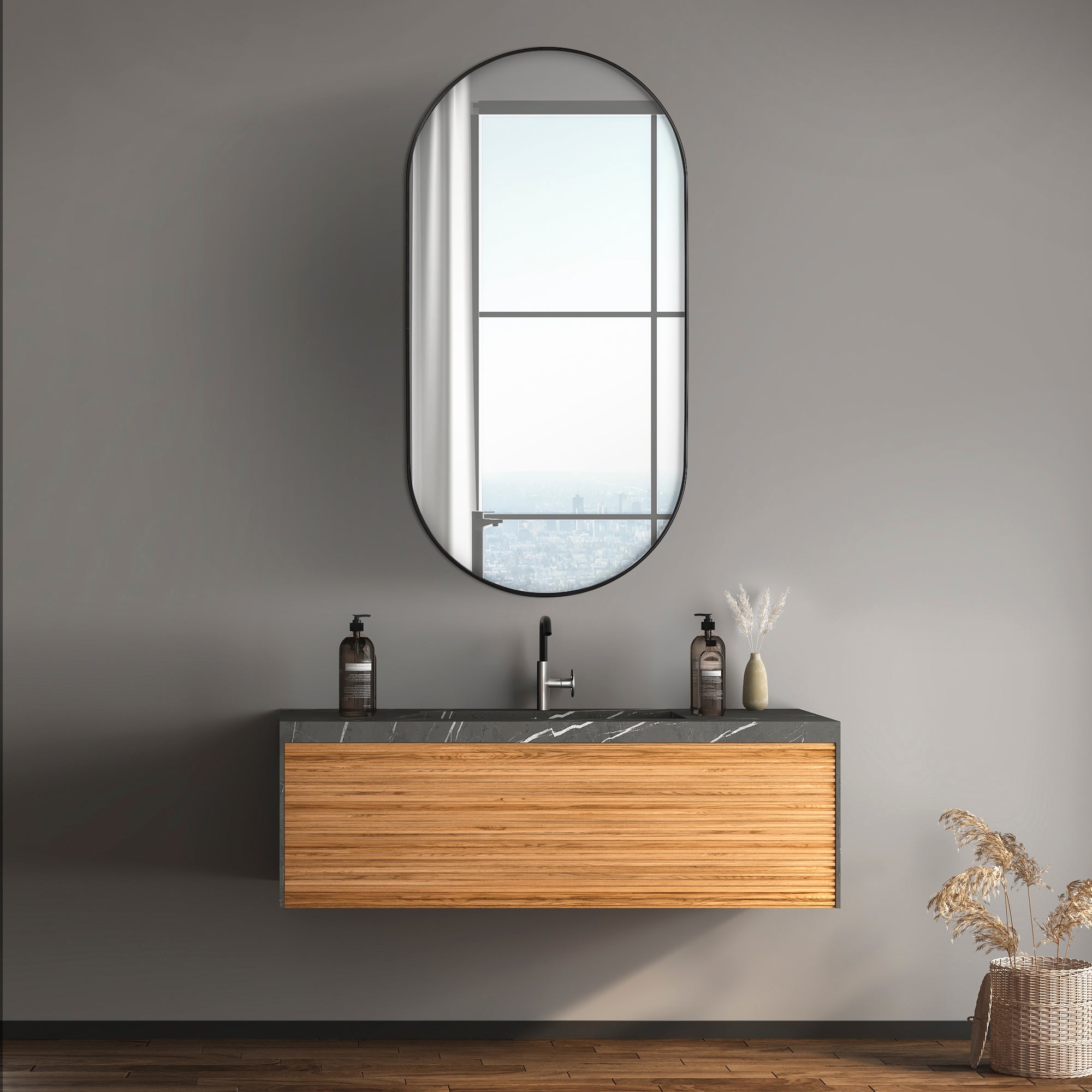 Zoe 120cm Oval Aluminium Mirror Black lifestyle image