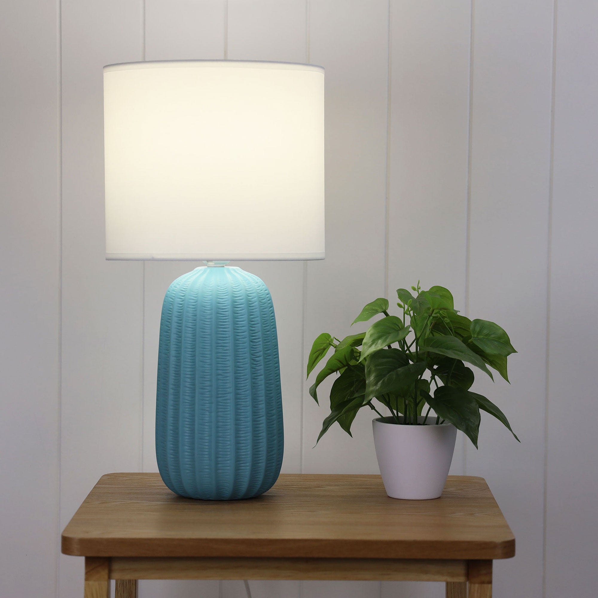 Benjy.25 Blue Ceramic Table Lamp styled in a room