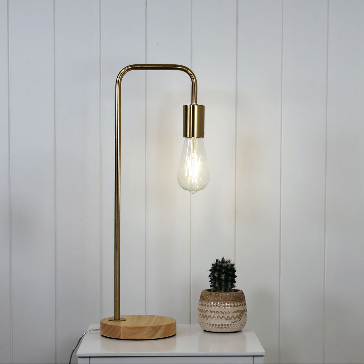 Lane Scandi Table Lamp Brushed Brass with Timber styled in a room