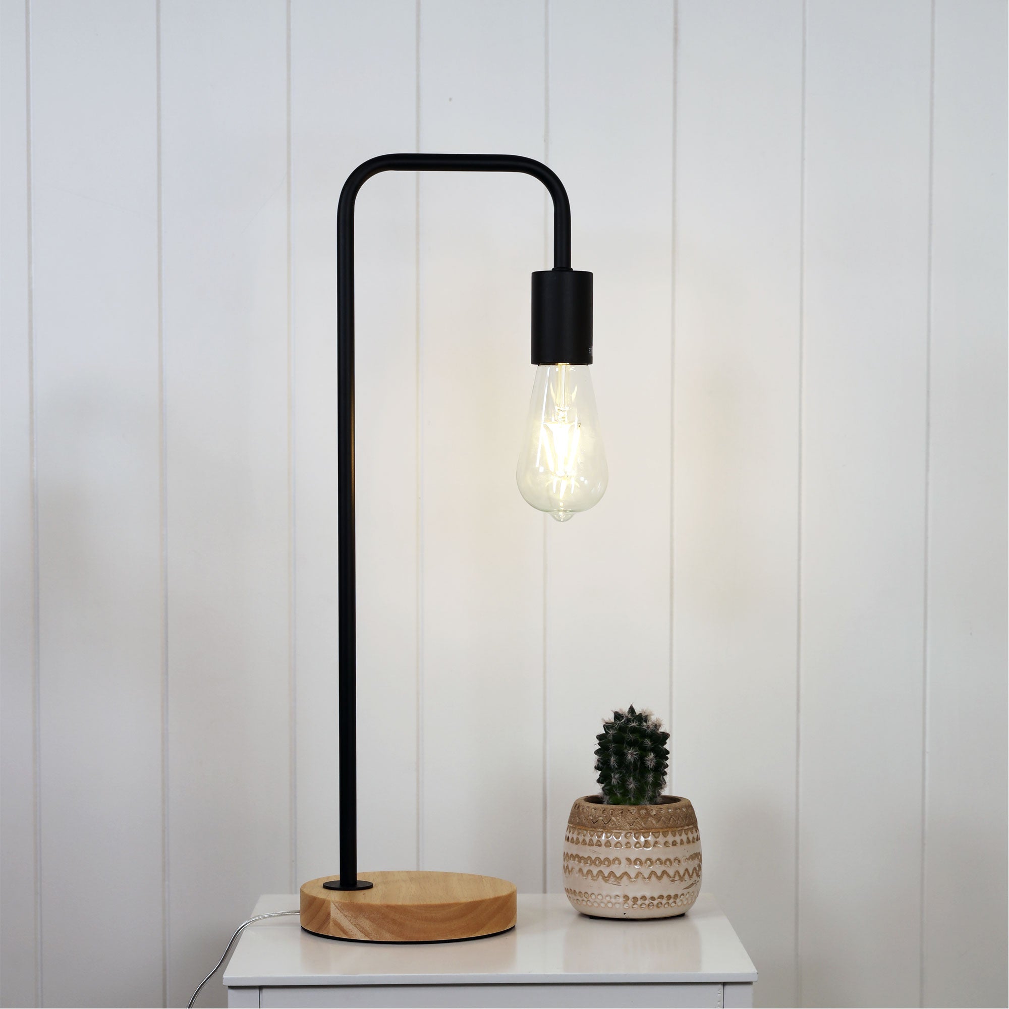 Lane Scandi Table Lamp Black with Timber styled in a room