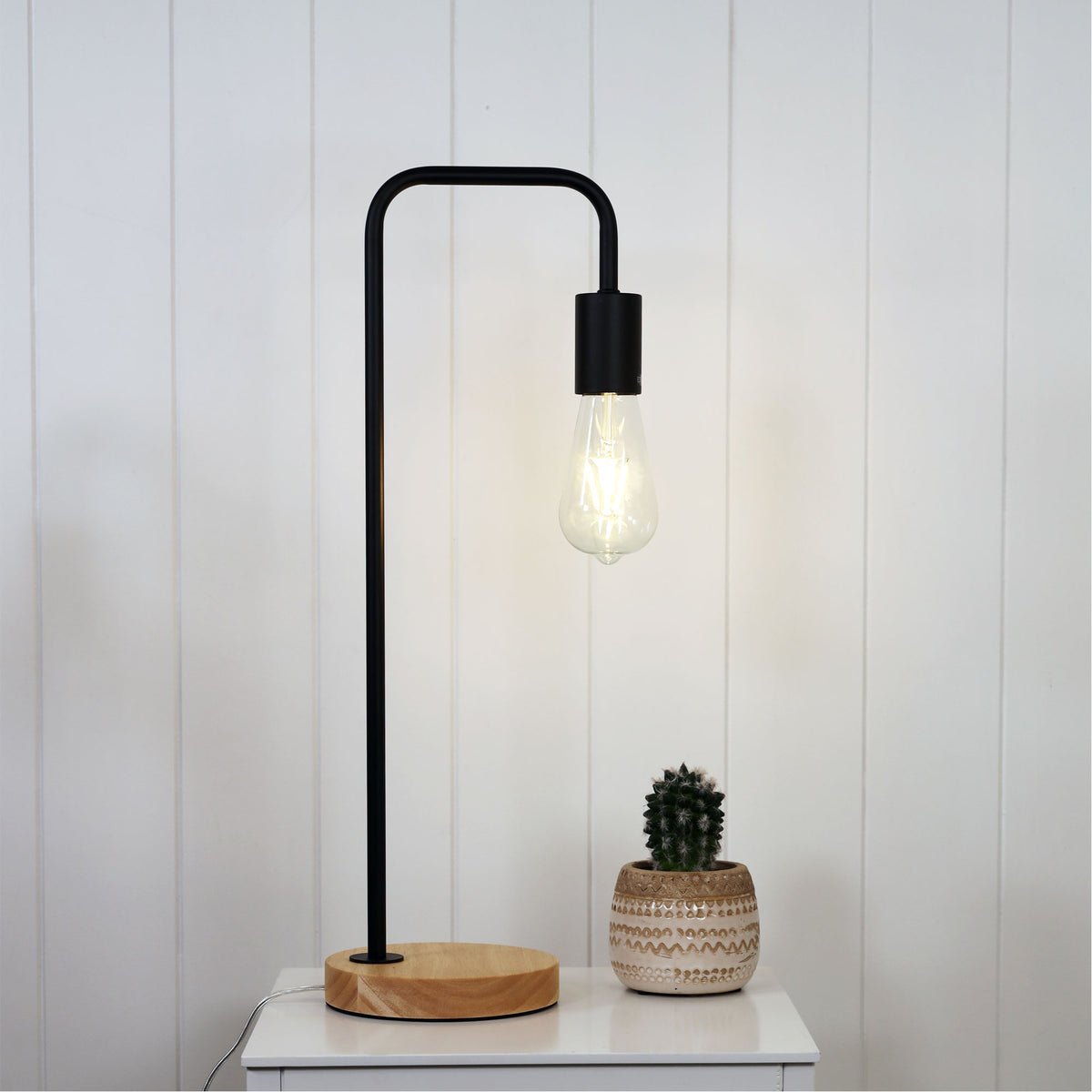Lane Scandi Table Lamp Black with Timber styled in a room