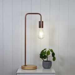 Lane Copper Scandi Table Lamp Copper with Timber styled in a room