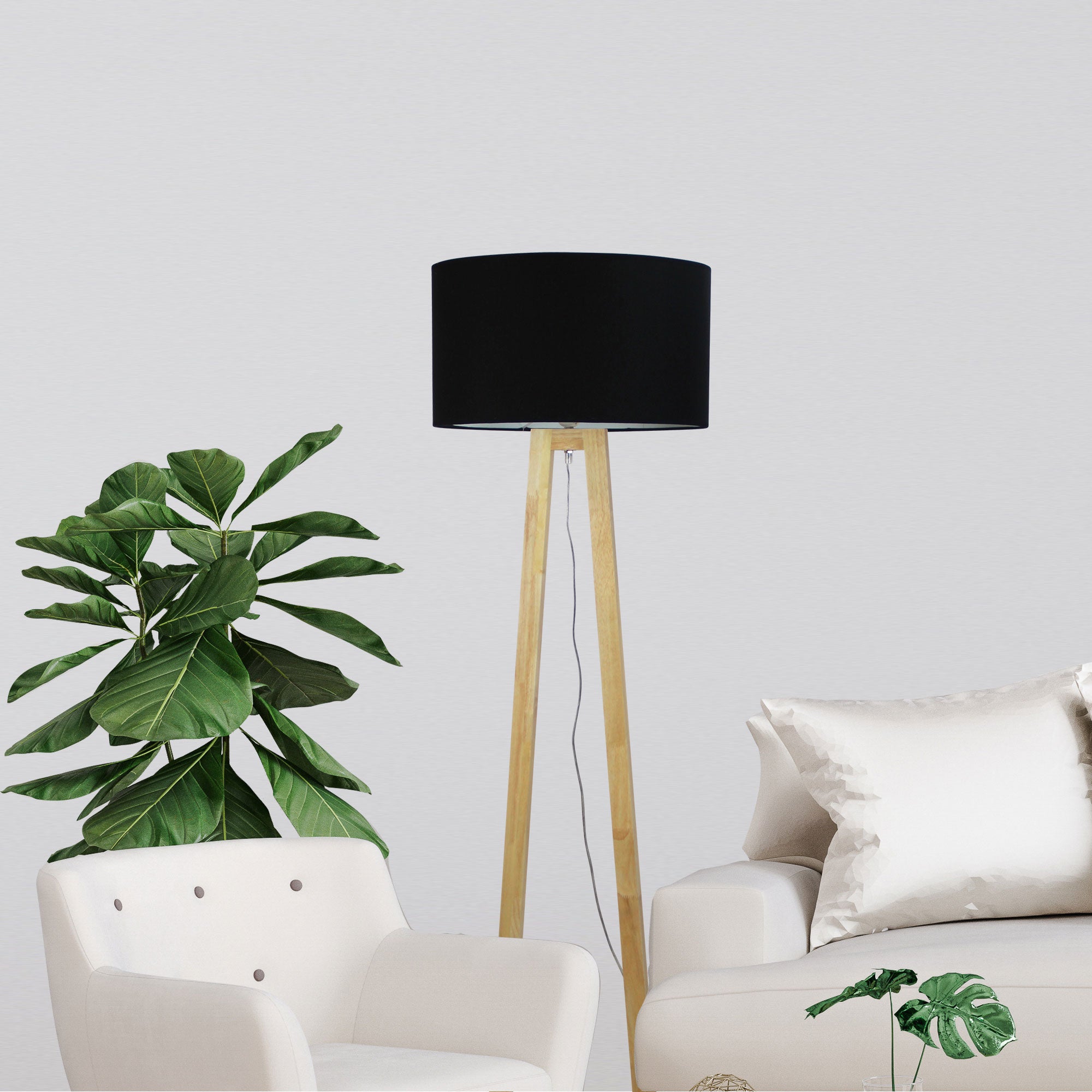 Edra Scandi Floor Lamp with Black Cotton Shade styled in a room