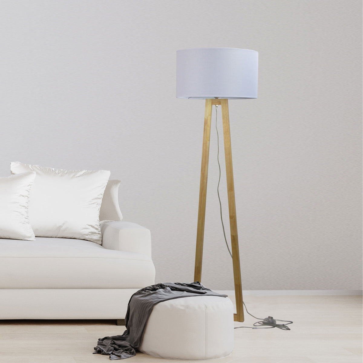 Edra Scandi Floor Lamp with White Cotton Shade styled in a room