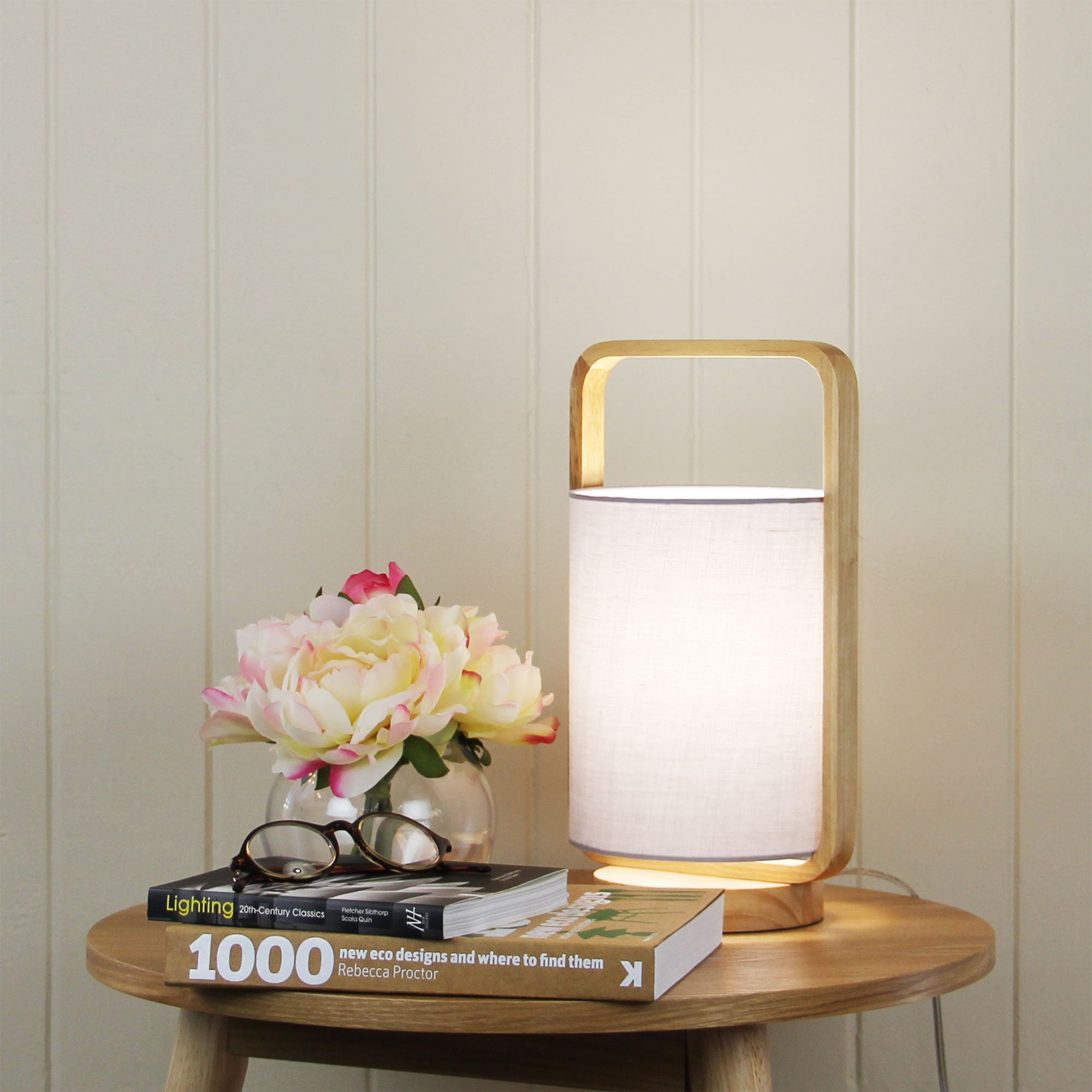 Lucia Natural Timber and Grey Cotton Lamp styled in a room