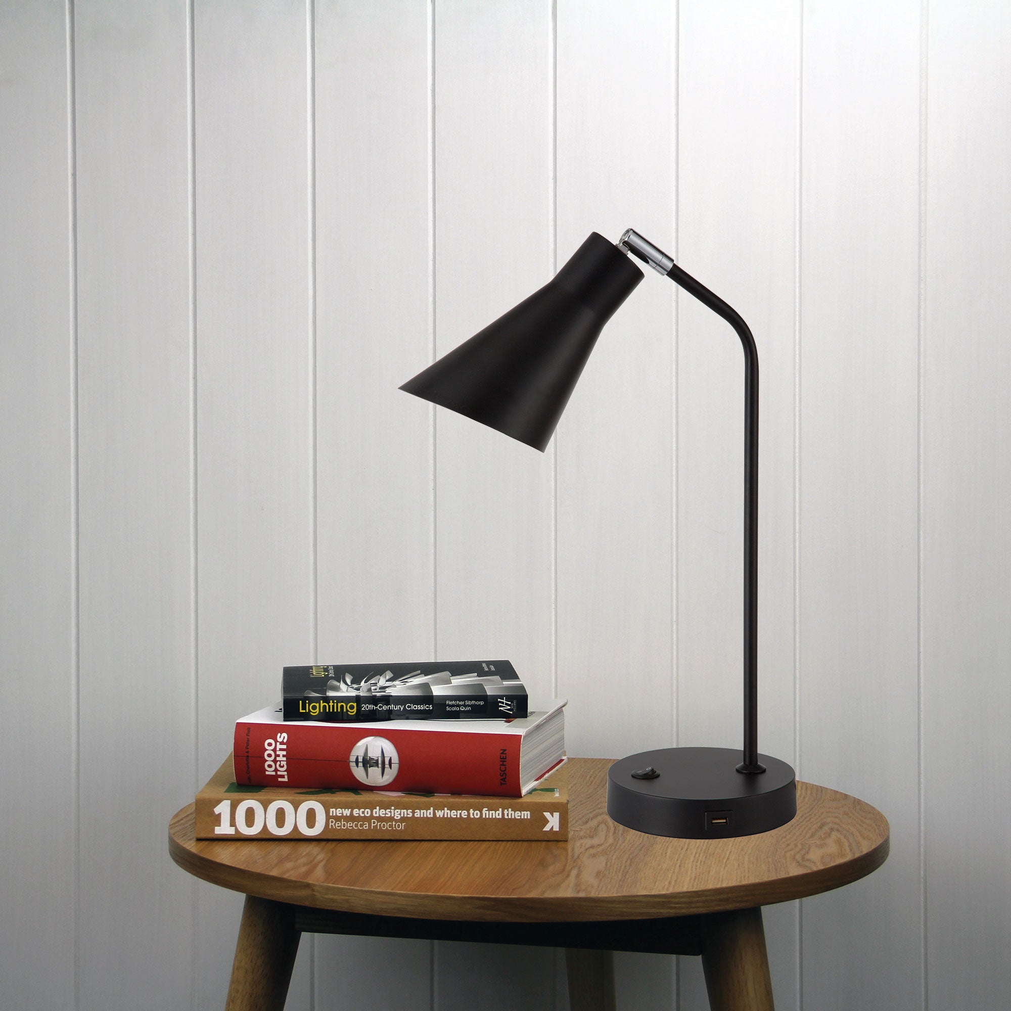Thor Black Desk Lamp with USB styled in a room